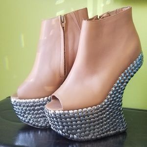 Jeffery Campbell Tan Studded Peep Toe Wedges